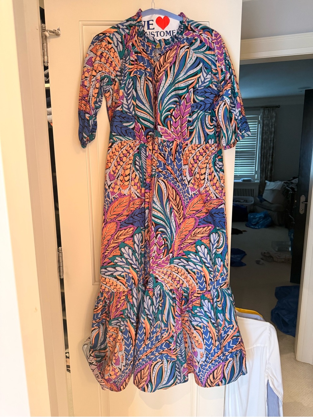 Banjanan Multicolor Leaf-Print Maxi Dress in Blue, Purple & Orange